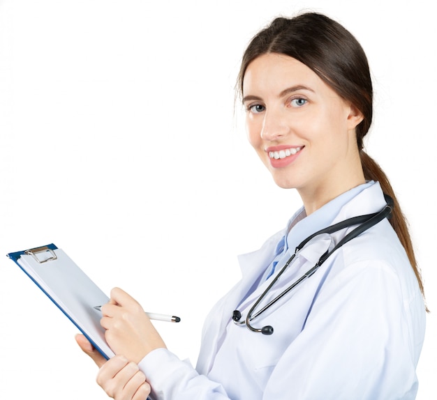 Young beautiful doctor with clipboard isolated on white