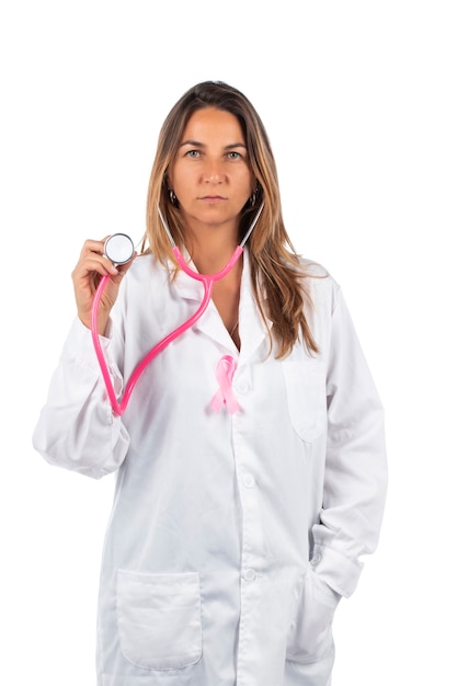 Young beautiful doctor woman with pink stethoscope and pink awareness ribbon for breast cancer 