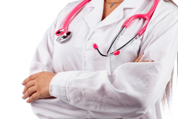 Young beautiful doctor woman with pink stethoscope.