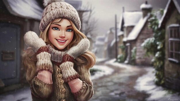 Young beautiful fair haired woman in knited hat sweater and mittens smiling on grey