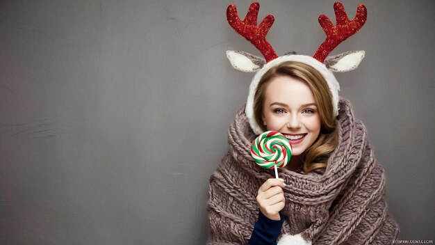 Young beautiful fair haired woman in large knited scarf and christmas reindeer antlers smiling eati