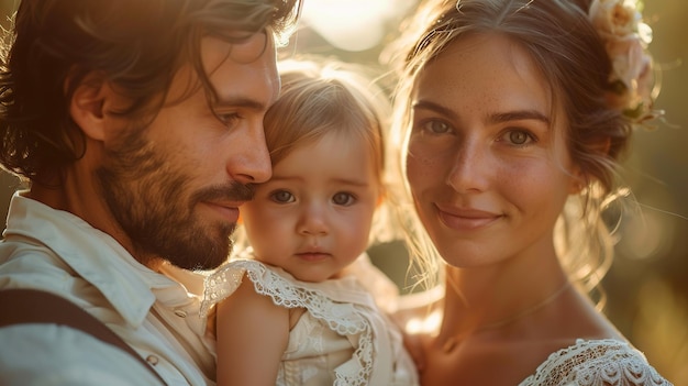 Foto giovane bella famiglia con un bambino piccolo abbracciare baciare e camminare in natura al tramonto