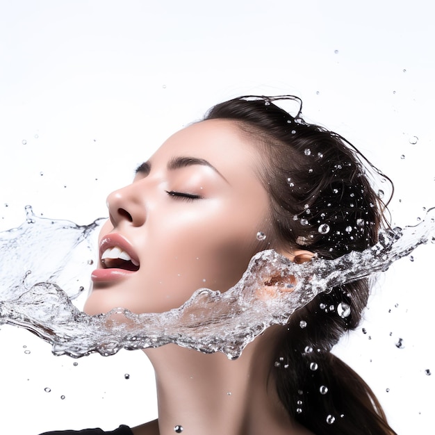 Молодая красивая женщина промывает лицо брызгой воды