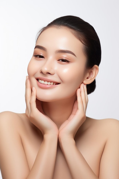 Young beautiful female model in white background in concept of skin care product