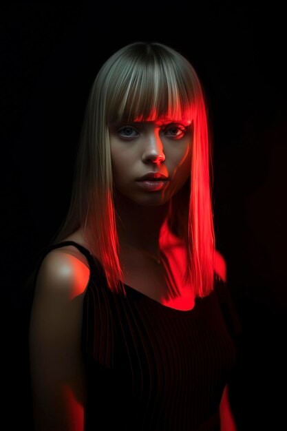 Young beautiful female teen straight bangs hairstyle neon red lighting baby face strapless tube top pleated skirt black background