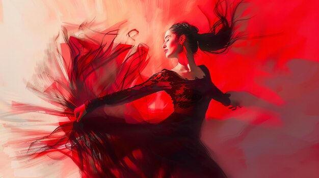 Photo young beautiful flamenco dancer with long flowing hair and red dress dancing with passion and grace