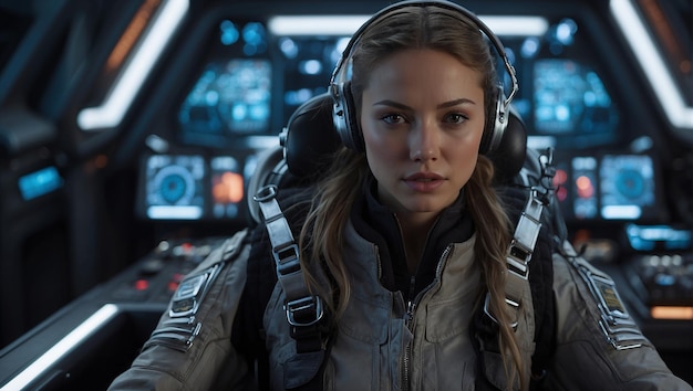 Young beautiful Futuristic Pilot Girl In a jet