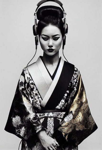 Photo a young beautiful geisha in a kimono and headphones portrait of a beautiful geisha in a kimono