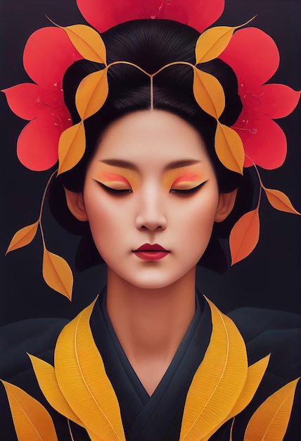 Young beautiful geisha in kimono and surrounded by sakura Portrait of a beautiful geisha