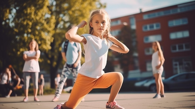 young beautiful girl doing sports outdoors in summer city