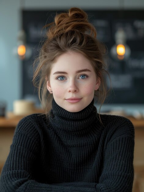 Young beautiful girl in a dress at a table with blue eyes and long hair closeup color portrait