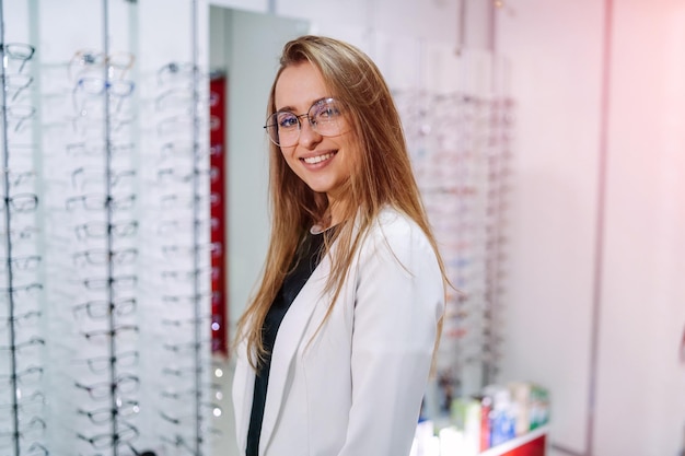 Young beautiful girl in glasses near the stand in the optical store Emotions Ophthalmology