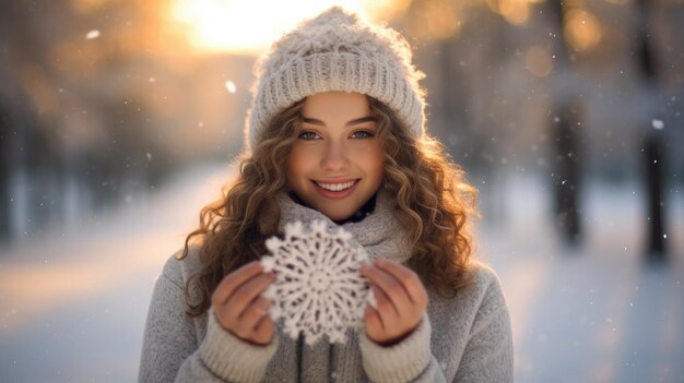 Young beautiful girl holding a snowflake in her hand