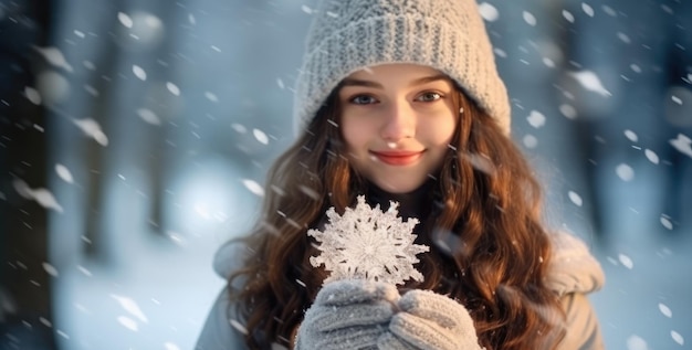 Young beautiful girl holding a snowflake in her hand