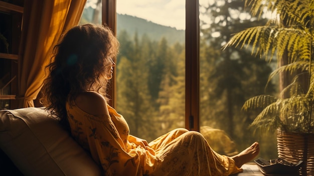 Young beautiful girl is sitting on the windowsill curtains Long hair reflection Copy space Side view