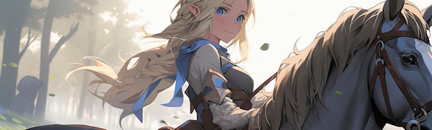Молодая и красивая девушка-рыцарь с голубыми глазами, едущая на величественной лошади.