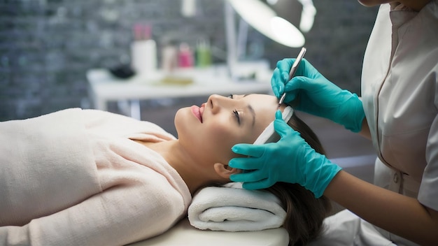 A young beautiful girl lies on the beauticians table and receives procedures