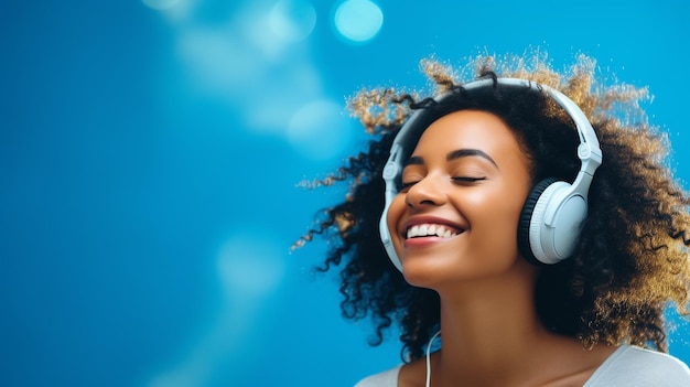 A young beautiful girl listening to music smiling laughing with happiness Blue background