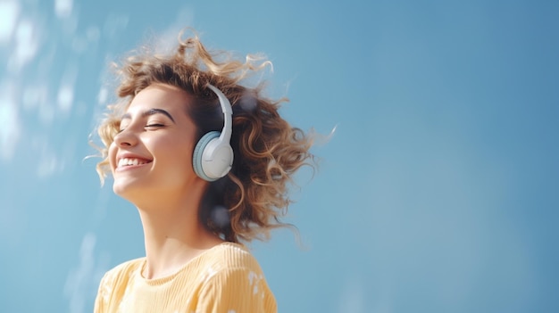 A young beautiful girl listening to music smiling laughing with happiness Blue background