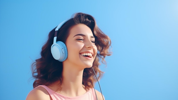 A young beautiful girl listening to music smiling laughing with happiness Blue background