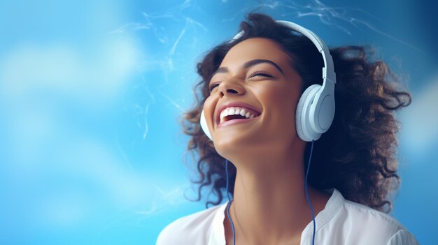 A young beautiful girl listening to music smiling laughing with happiness blue background