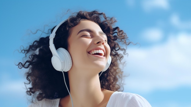 A young beautiful girl listening to music smiling laughing with happiness Blue background