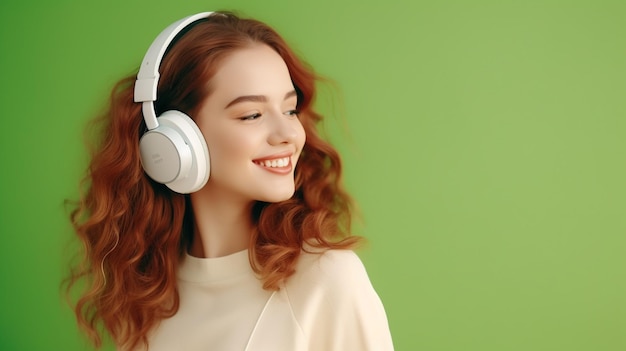 A young beautiful girl listening to music smiling laughing with happiness on a Green background