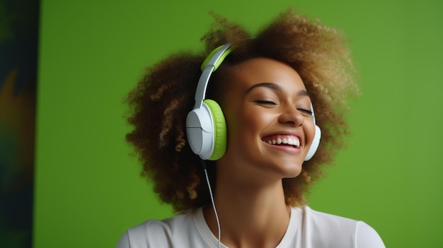 Молодая красивая девушка слушает музыку, улыбается и смеется от счастья на зеленом фоне.