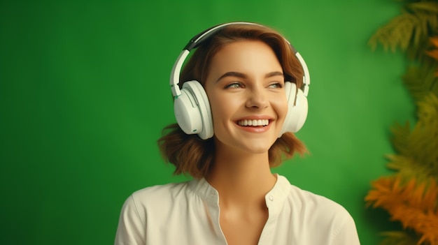 Молодая красивая девушка слушает музыку, улыбается и смеется от счастья на зеленом фоне.