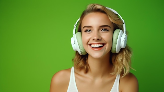 A young beautiful girl listening to music smiling laughing with happiness on a Green background