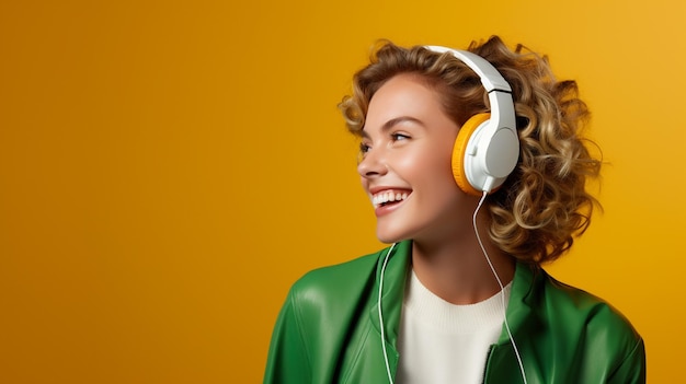 A young beautiful girl listening to music smiling laughing with happiness on an Orange background