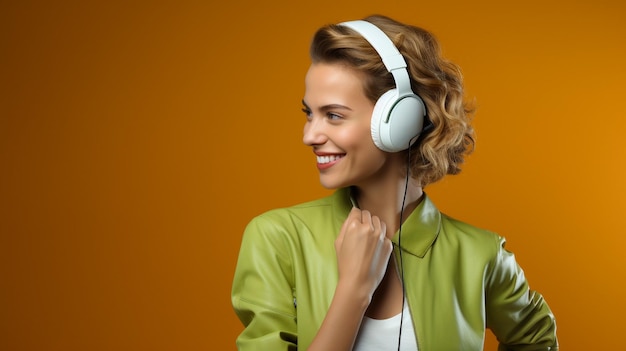 A young beautiful girl listening to music smiling laughing with happiness on an Orange background