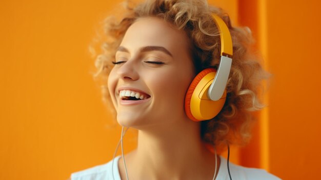 A young beautiful girl listening to music smiling laughing with happiness on an orange background