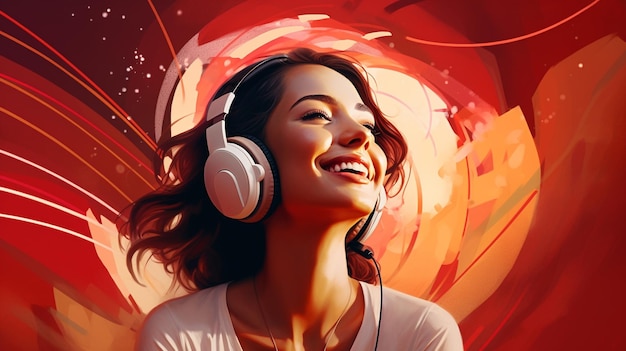 A young beautiful girl listening to music smiling laughing with happiness on a red background