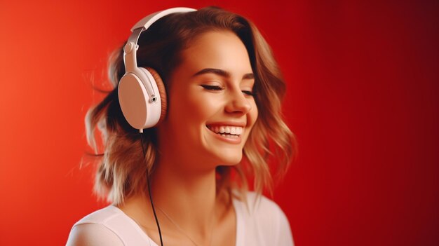 A young beautiful girl listening to music smiling laughing with happiness on a red background