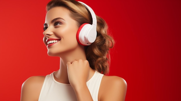 Foto una giovane ragazza bellissima che ascolta musica sorridendo ridendo di felicità su uno sfondo rosso