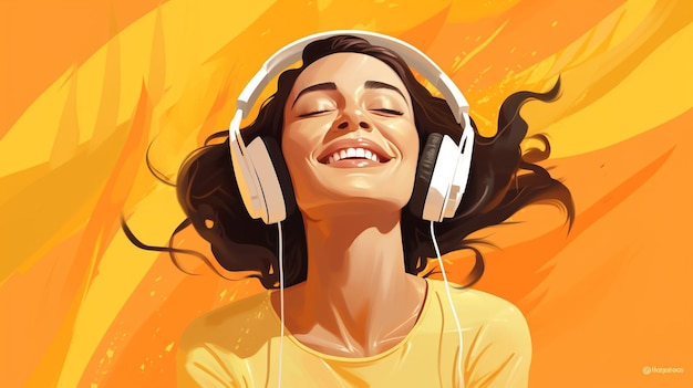 Photo a young beautiful girl listening to music smiling laughing with happiness in a yellow background