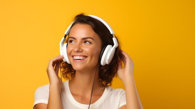 A young beautiful girl listening to music smiling laughing with happiness in a yellow background