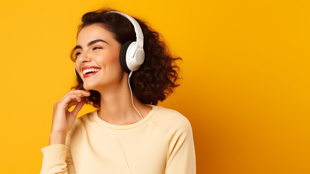 A young beautiful girl listening to music smiling laughing with happiness in a yellow background