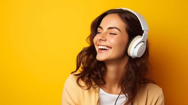 A young beautiful girl listening to music smiling laughing with happiness in a yellow background