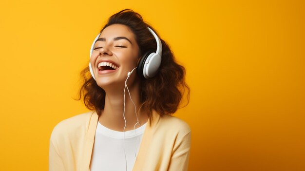 A young beautiful girl listening to music smiling laughing with happiness in a yellow background