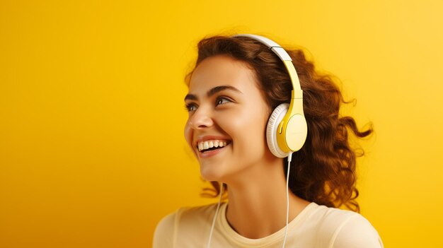 A young beautiful girl listening to music smiling laughing with happiness in a yellow background