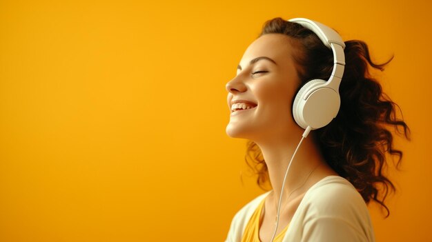 A young beautiful girl listening to music smiling laughing with happiness in a yellow background