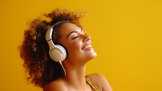 A young beautiful girl listening to music smiling laughing with happiness in a yellow background