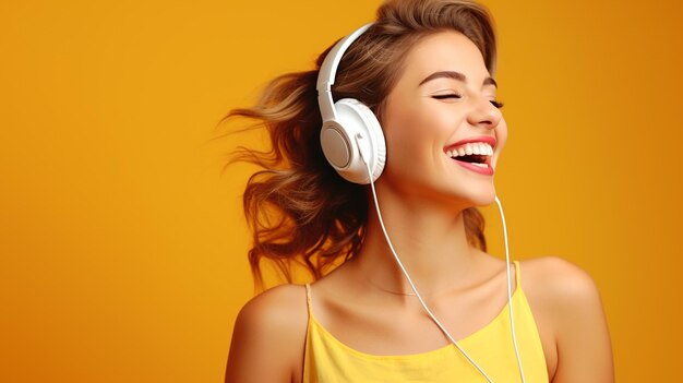 A young beautiful girl listening to music smiling laughing with happiness in a yellow background