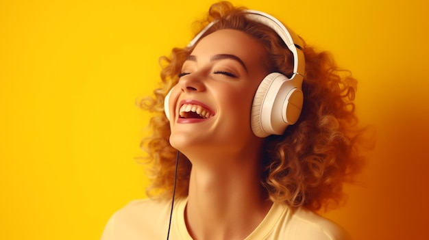 A young beautiful girl listening to music smiling laughing with happiness in a yellow background