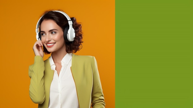 A young beautiful girl listening to music smiling laughing with happinessgreen amp orange background