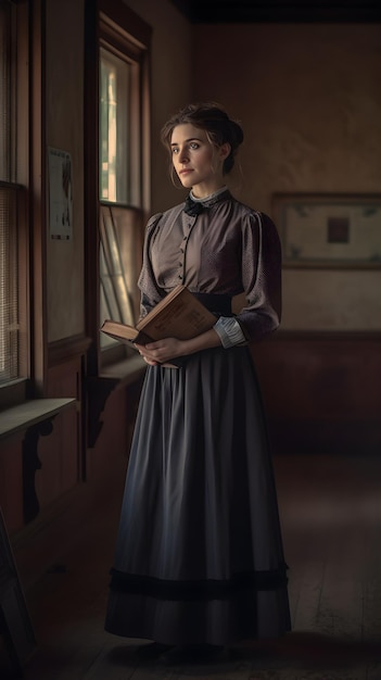 Young beautiful girl in a long black dress with a book in her hands