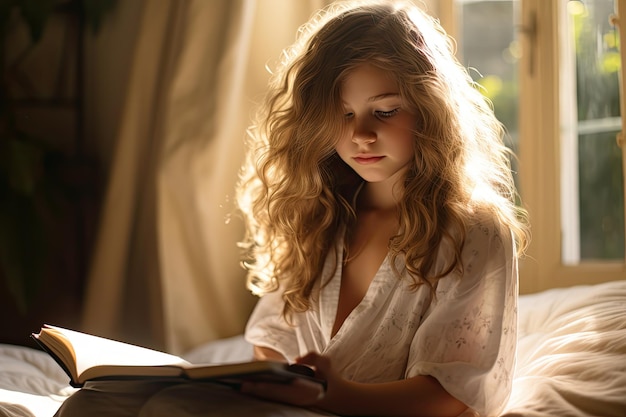 young beautiful girl reading a book alone immersed in the world of literature in the soft sunlight