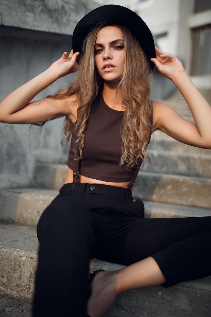 Фотография молодая красивая девушка в коротком элегантном топе и черной шляпе